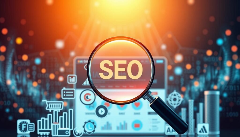 A visually striking and informative illustration showcasing effective ecommerce SEO strategies. Centered in the foreground, a stylized magnifying glass hovers over an array of relevant SEO icons and metrics - keyword tags, search engine optimization graphs, web traffic analytics. The midground features a sleek, minimalist ecommerce website mockup, with clean product listings and a responsive mobile layout. In the background, a gradient mesh of shimmering data streams, search engine algorithms, and glowing digital elements create a dynamic, technologically-advanced atmosphere. Warm, directional lighting casts a professional, authoritative tone, while a shallow depth of field focuses the viewer's attention on the key ecommerce SEO elements. The overall composition conveys the power of specialized, data-driven SEO strategies to enhance a brand's online visibility and performance.