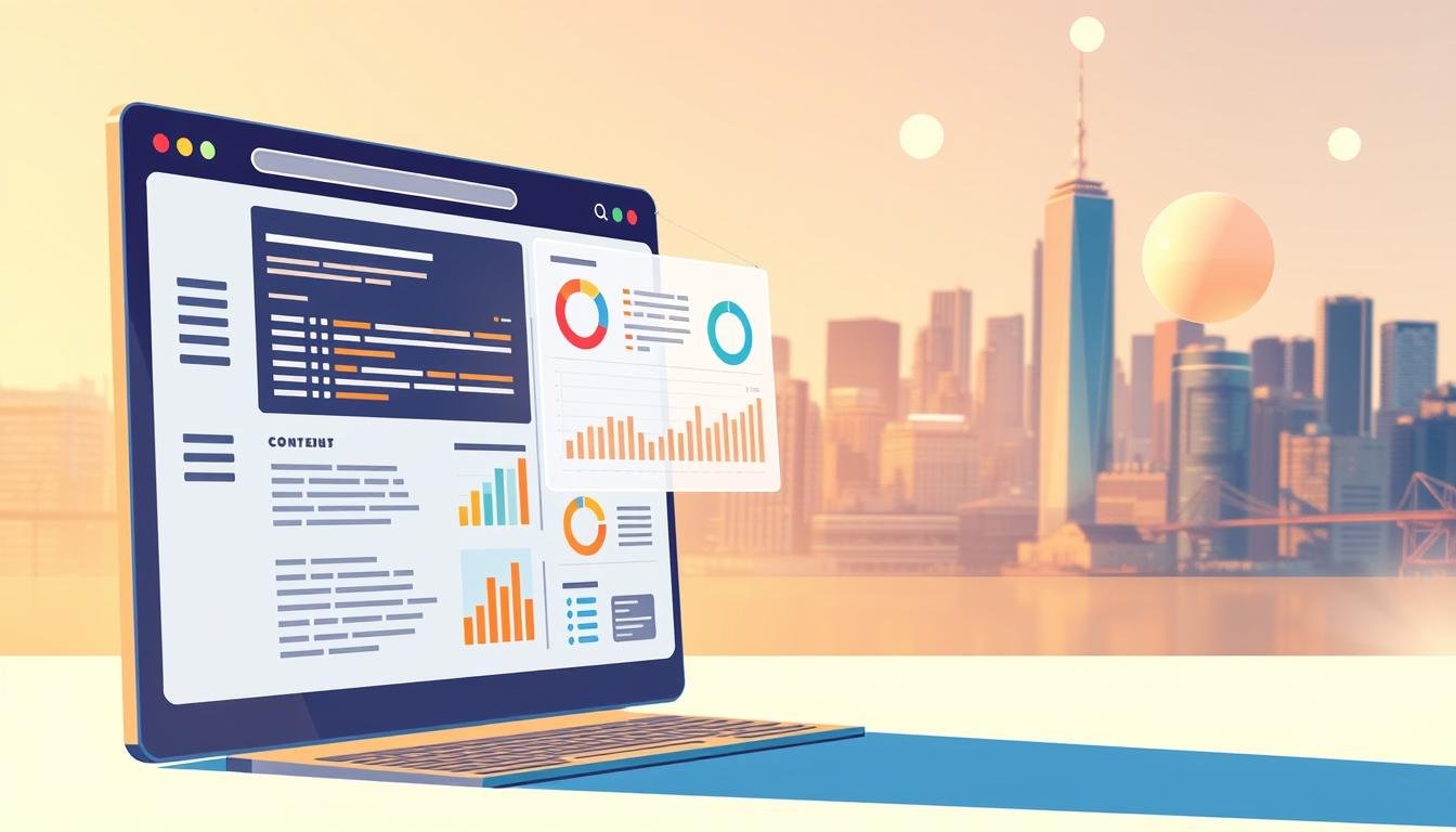 A visually striking digital illustration showcasing the key elements of SEO optimization. In the foreground, a sleek, modern web interface featuring clean typography, intuitive navigation, and optimized content. In the middle ground, a data visualization dashboard displaying real-time metrics and analytics, highlighting the importance of tracking and measuring SEO performance. In the background, a cityscape skyline, representing the wider digital landscape in which effective SEO practices are essential for boosting online visibility and presence. The scene is bathed in a warm, inviting lighting, conveying a sense of expertise, efficiency, and the power of strategic SEO optimization.