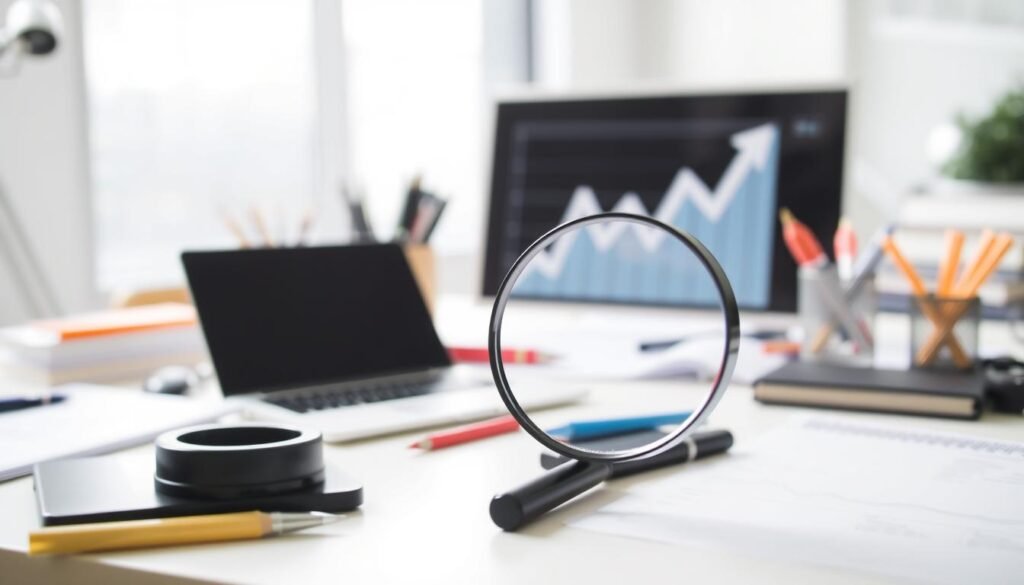 A well-lit workspace with a laptop, various office supplies, and a magnifying glass prominently displayed, symbolizing the thorough and meticulous approach of an affordable SEO service. In the background, a stylized graph or chart showcases the potential for improved website rankings and visibility. The overall scene exudes a sense of professionalism, attention to detail, and a commitment to delivering tangible results for the client's business.