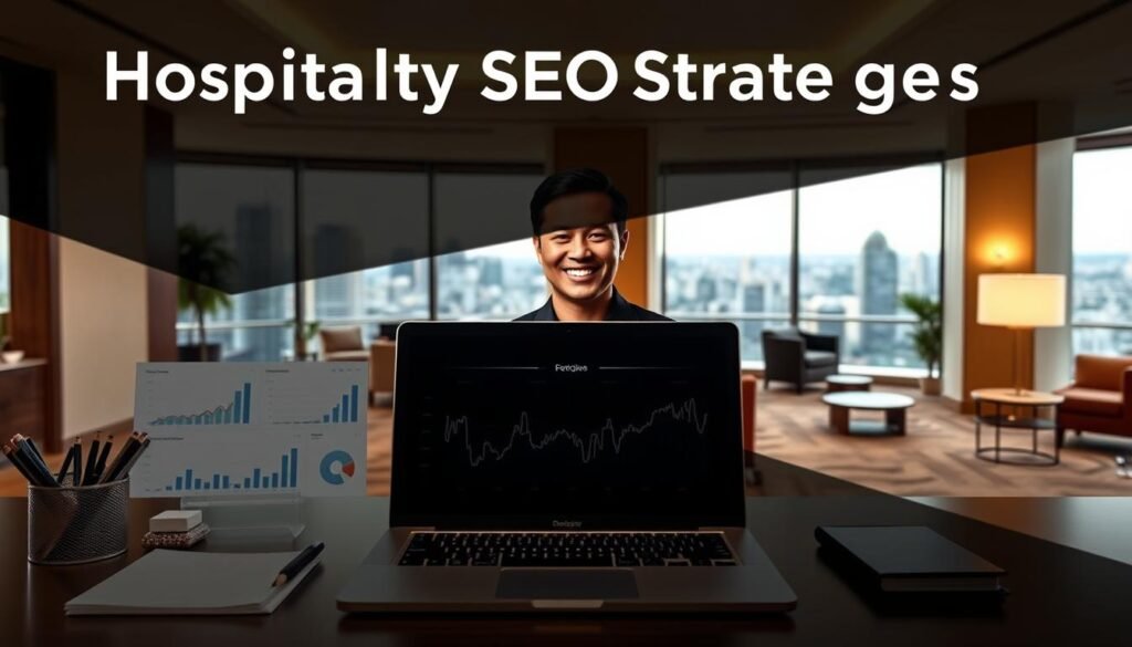 An elegant, geometrically-balanced scene showcasing hospitality SEO strategies. In the foreground, a sleek laptop displays a digital dashboard with performance metrics, surrounded by a minimalist arrangement of office supplies. The middle ground features a professional headshot of a smiling hospitality industry executive, conveying expertise and professionalism. The background depicts a serene hotel lobby, with stylish furnishings, warm lighting, and a view of a bustling urban landscape through floor-to-ceiling windows. The overall mood is one of efficiency, sophistication, and a commitment to driving success through digital marketing prowess.