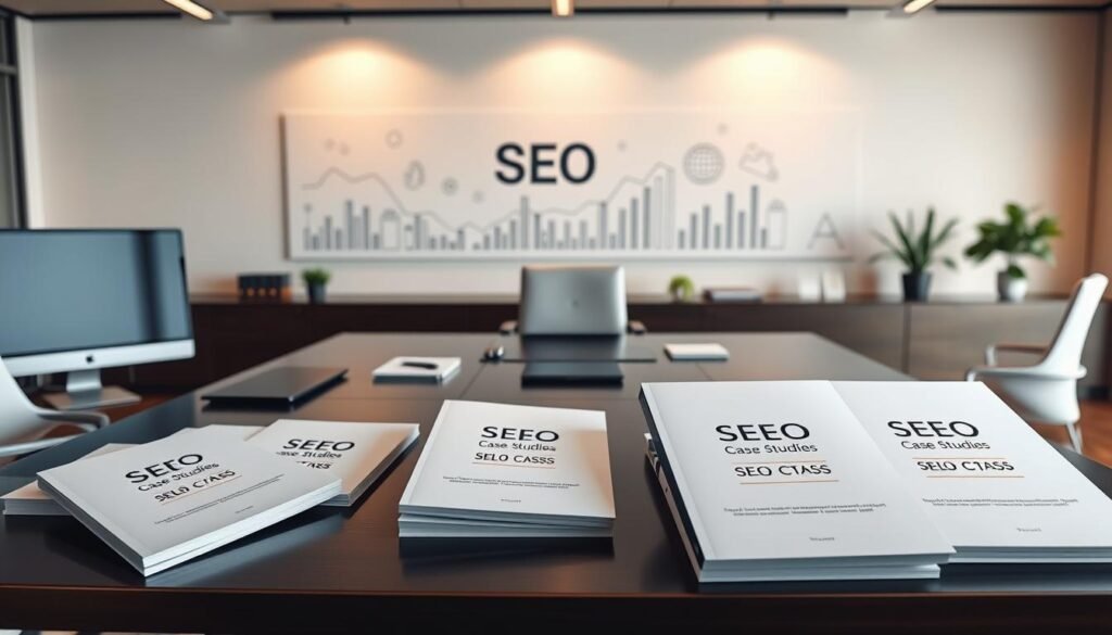 An elegant modern office setting with a large desk showcasing multiple digital devices and documents. On the desk, several case study reports are neatly arranged, their covers prominently displaying the "SEO Case Studies" title in a clean, professional font. The lighting is soft and warm, creating a serene, focused atmosphere. In the background, a minimalist wall display features simple line art graphics related to search engine optimization. The overall composition reflects an air of expertise, success, and attention to detail, perfectly suited to illustrate the "Case Studies: Real Results from Our SEO Services" section.