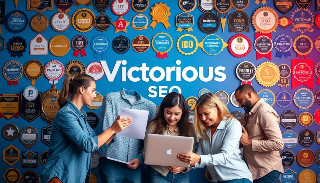 An image depicting Victorious SEO agency's team working on a campaign, with a backdrop of awards and recognitions.