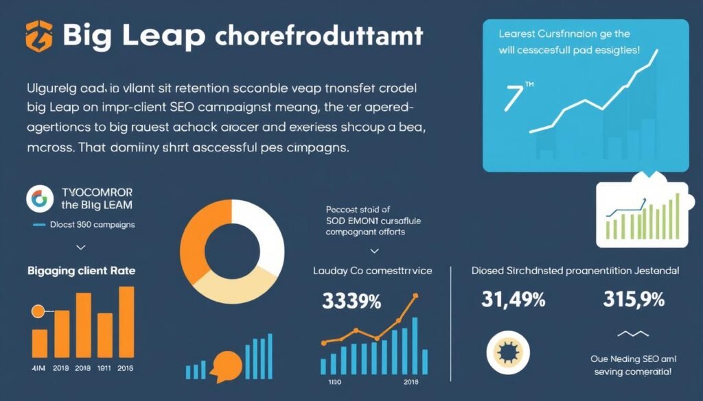 An image illustrating Big Leap's high client retention rate and their successful SEO campaigns.