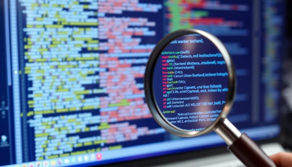 An image illustrating a technical SEO audit, such as a magnifying glass over website code