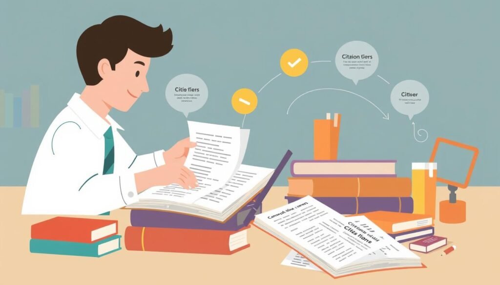 An image illustrating citation building, such as a person creating citations