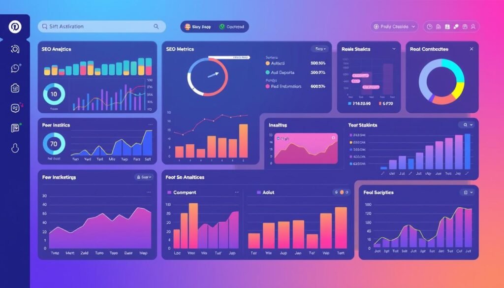 An image representing a comprehensive digital marketing dashboard with various SEO metrics and graphs.