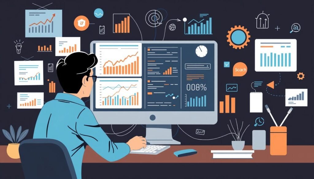 An image representing keyword research, such as a person analyzing data