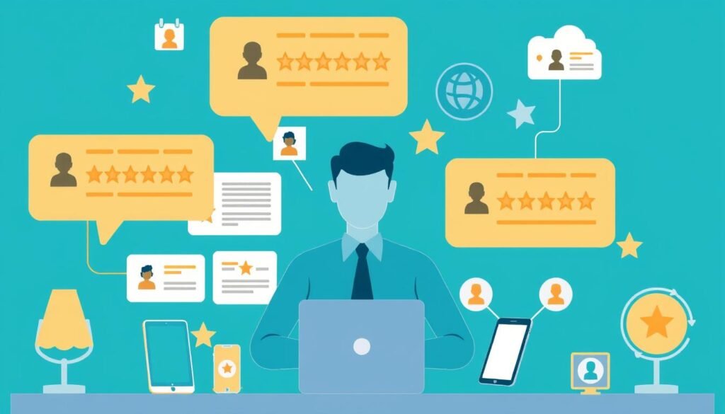 An image representing review management, such as a person managing reviews