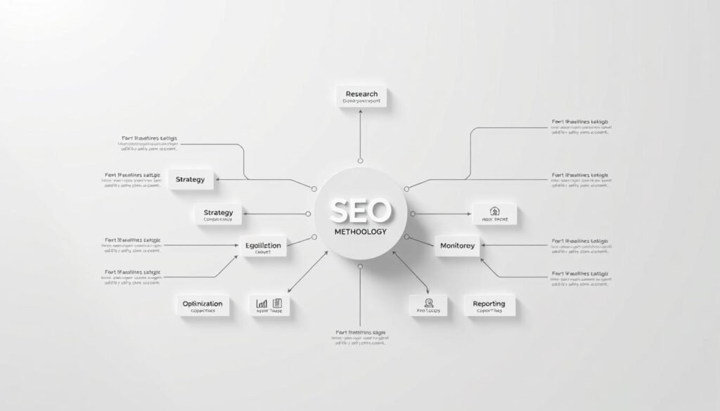 An intricate diagram of the SEO process methodology, rendered in a clean, minimalist style with a focus on clarity and visual flow. The foreground features a central hub with interconnected steps - research, strategy, optimization, monitoring, and reporting - depicted as sleek, geometric shapes. The middle ground showcases supporting elements like data visualizations, icons, and subtle gridlines, creating a sense of organized structure. The background maintains a subtle, muted tone, allowing the core components to take center stage. Soft, directional lighting from the top-left casts gentle shadows, enhancing the three-dimensional depth and tangibility of the design. The overall impression is one of a comprehensive, well-defined SEO workflow that is both visually appealing and functionally informative.