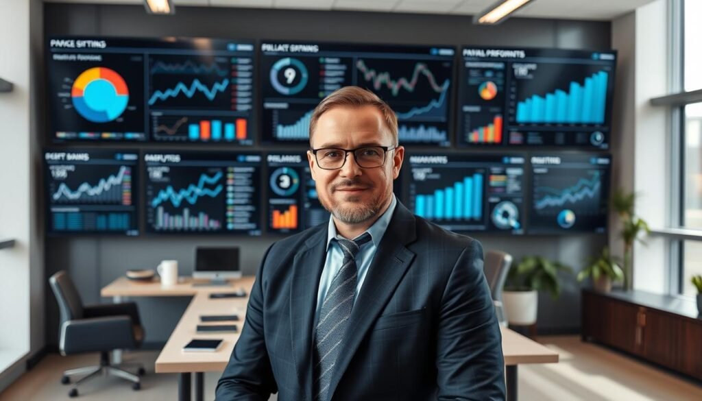 Generate an image of a CEO in a modern office setting, surrounded by data analytics screens and graphs.