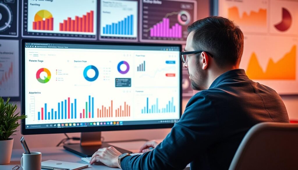 Generate an image of a brand manager analyzing influencer data on a computer screen