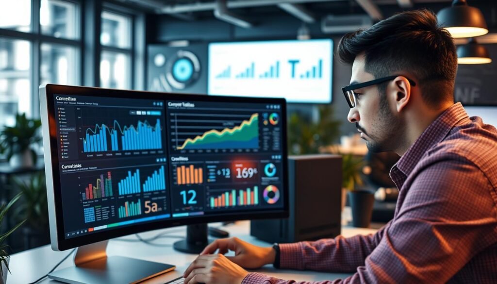 Generate an image of a digital marketer analyzing competitor data on a computer screen.