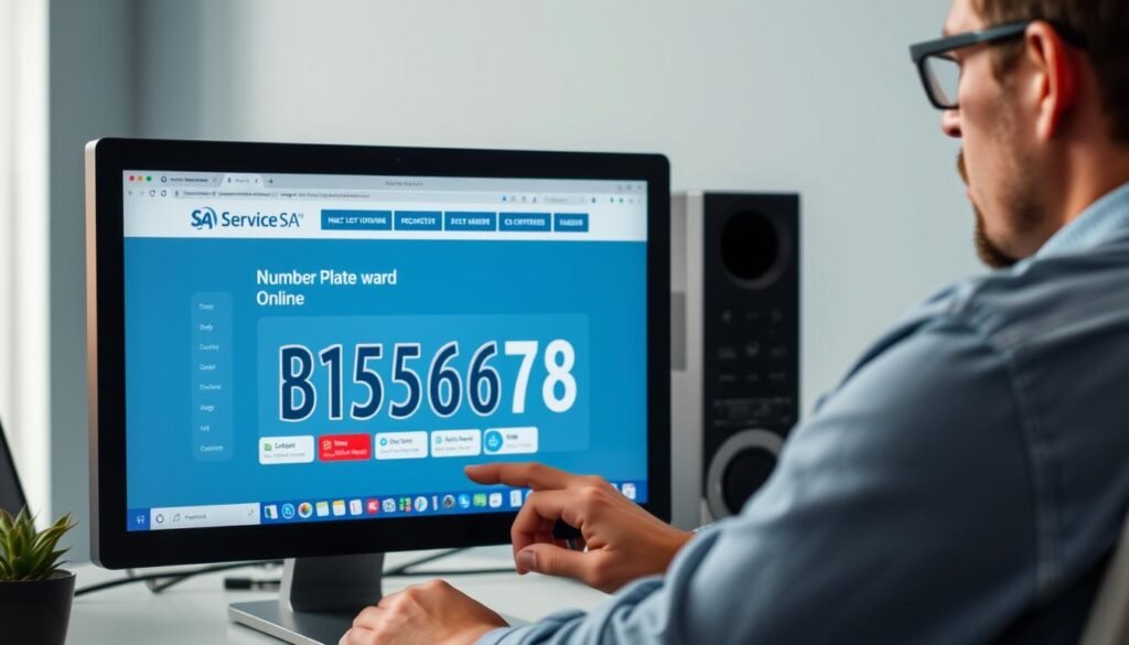 Generate an image of a person ordering a personalized number plate online through the Service SA website.
