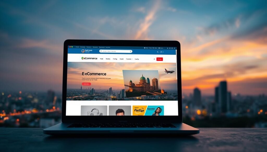 Generate an image of an e-commerce website on a laptop screen with a Mumbai cityscape in the background.