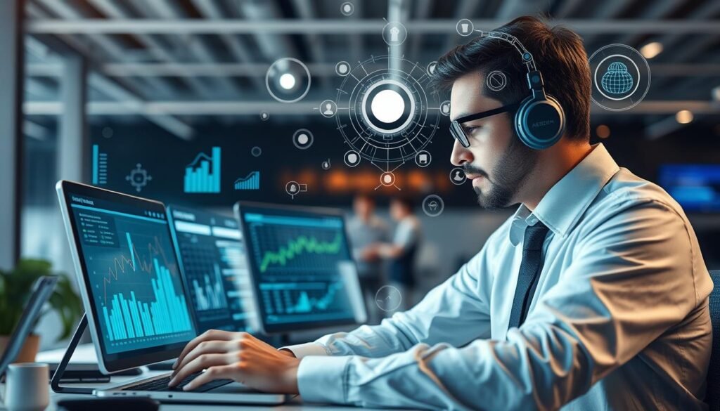 Generate an image representing AI in financial services, such as a financial analyst using AI-powered tools for risk assessment.
