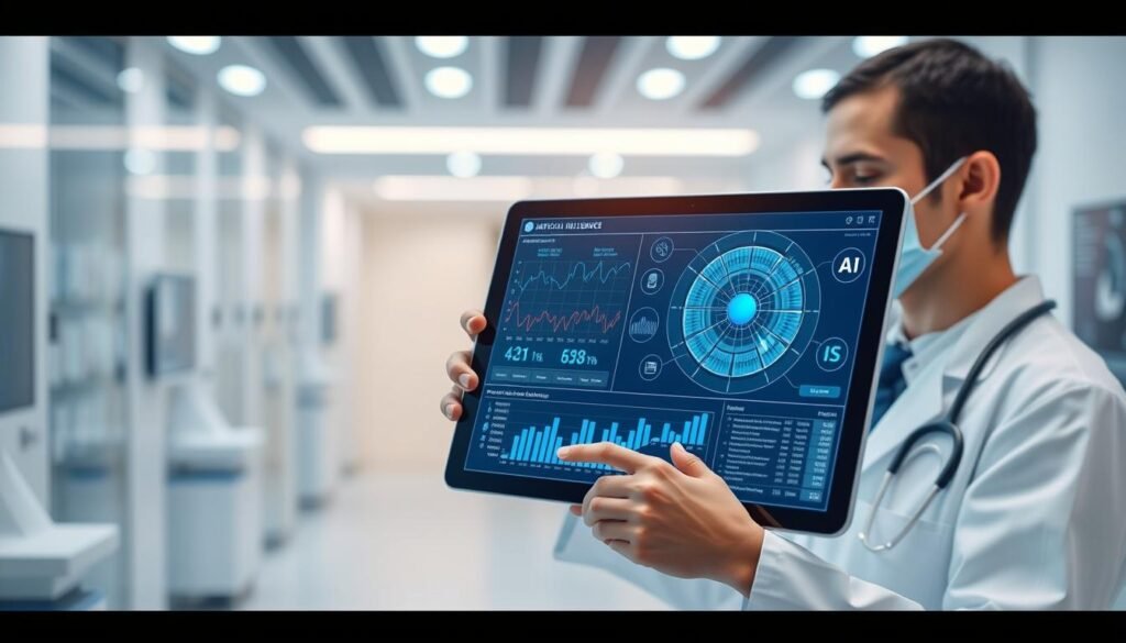 Generate an image representing AI in healthcare, such as a doctor using a tablet with AI-assisted diagnostic tools.