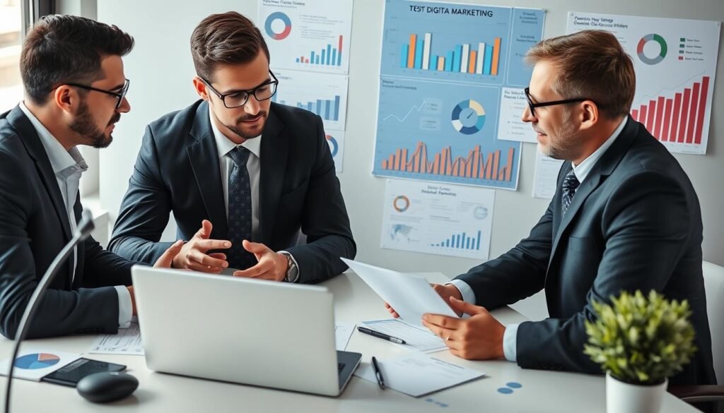 Generate an image representing a business professional analyzing SEO strategies with a consultant.