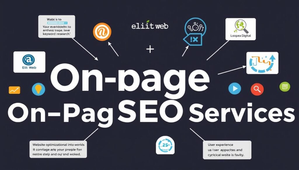 Generate an image representing on-page SEO services with a focus on Elit-Web and Loopex Digital.