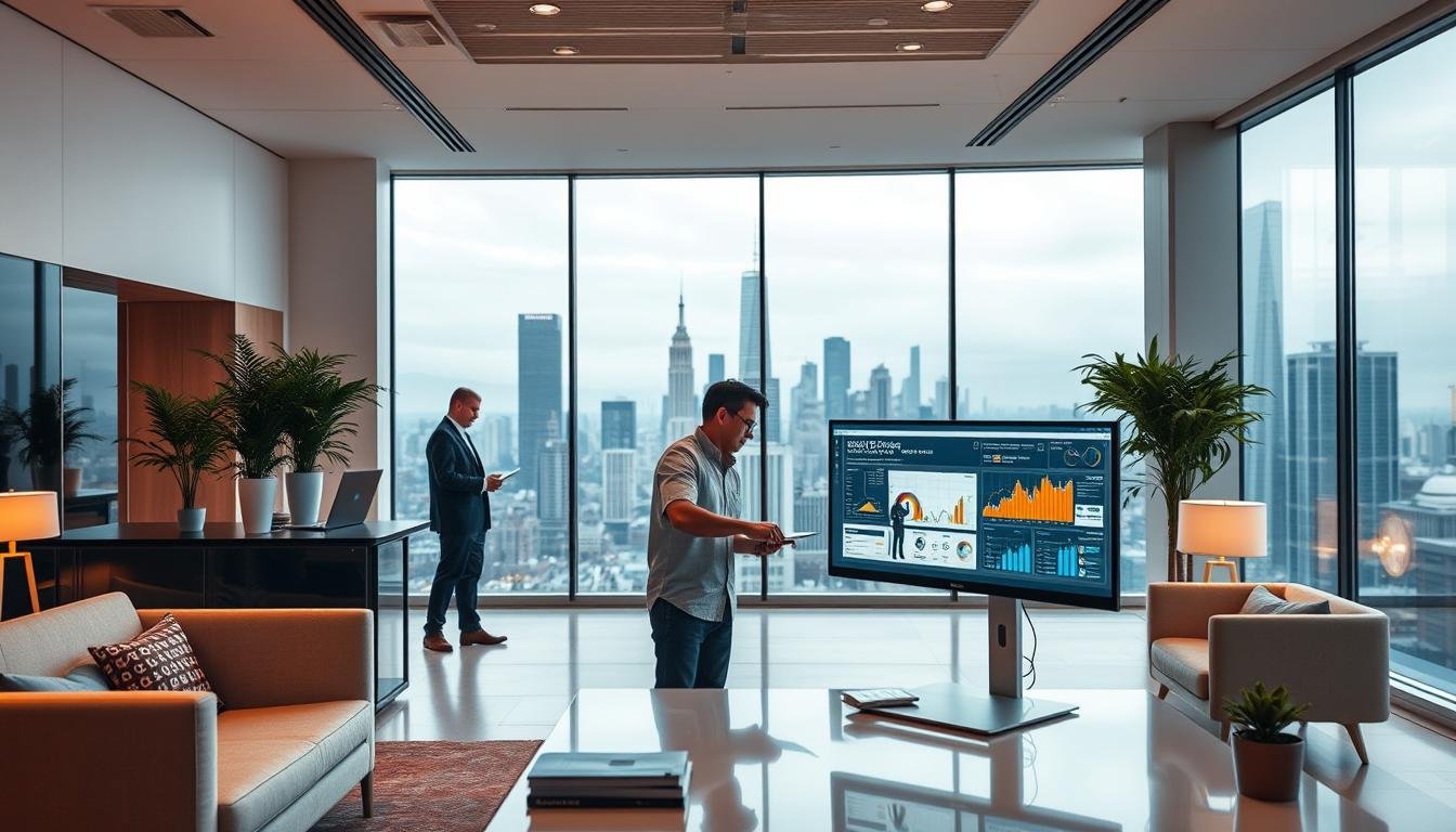 High-quality SEO services with professional web developers, content strategists, and search engine optimization experts. Sleek and modern office interior with floor-to-ceiling windows, minimalist furniture, and warm lighting. In the foreground, a team of SEO specialists collaborating on a large computer screen, with an array of data analytics and search engine optimization tools. The middle ground features a city skyline with towering skyscrapers, reflecting the urban setting of the SEO services company. The background has a subtle, blurred cityscape, emphasizing the modern, tech-savvy nature of the business. The overall mood is one of professionalism, innovation, and a commitment to driving online visibility and success.