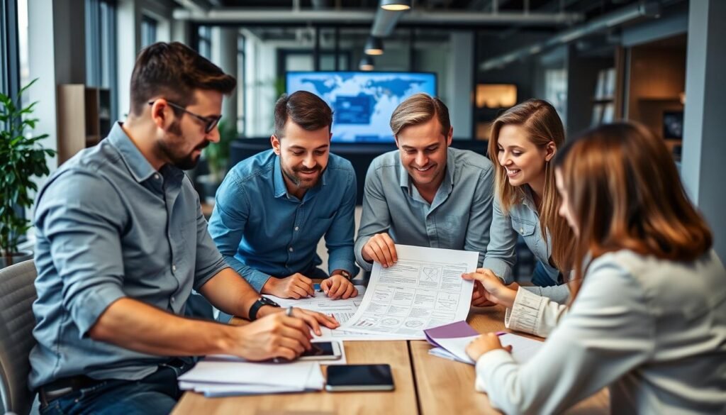 Image generation prompt: a team of Boston SEO experts working together to develop a comprehensive SEO strategy for a client.