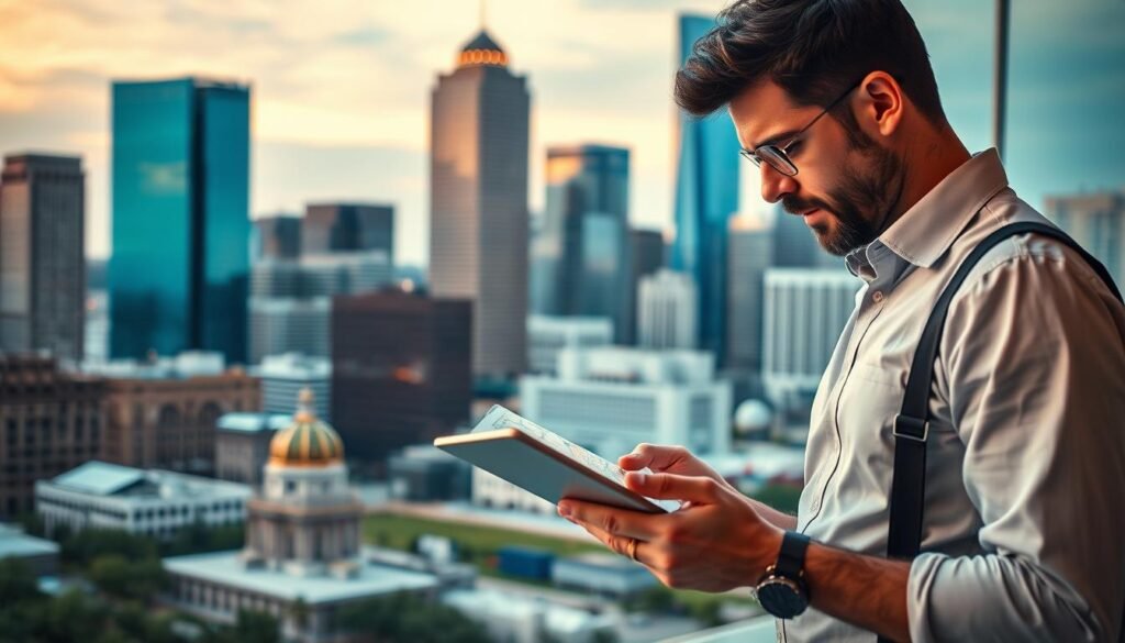 Image of a Dallas business owner looking at a map on a tablet with a cityscape in the background