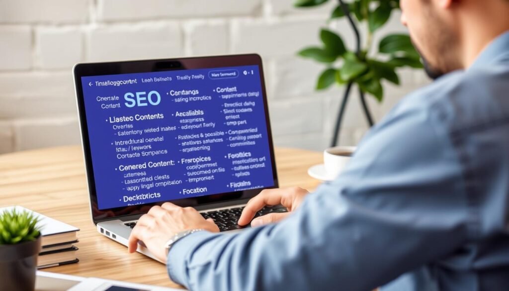 Image of a Denver business owner creating content on a laptop with SEO keywords on the screen