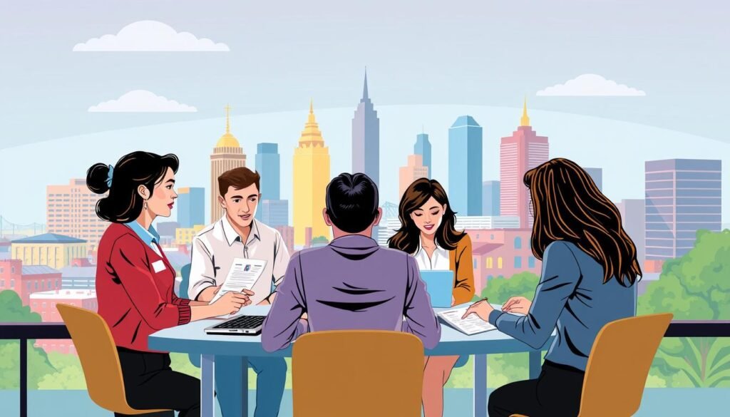 Image of a Nashville SEO agency team working together, with a cityscape in the background.