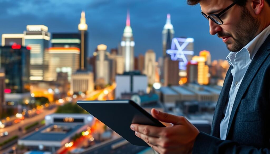Image of a Nashville business owner looking at a map on a tablet with a cityscape in the background