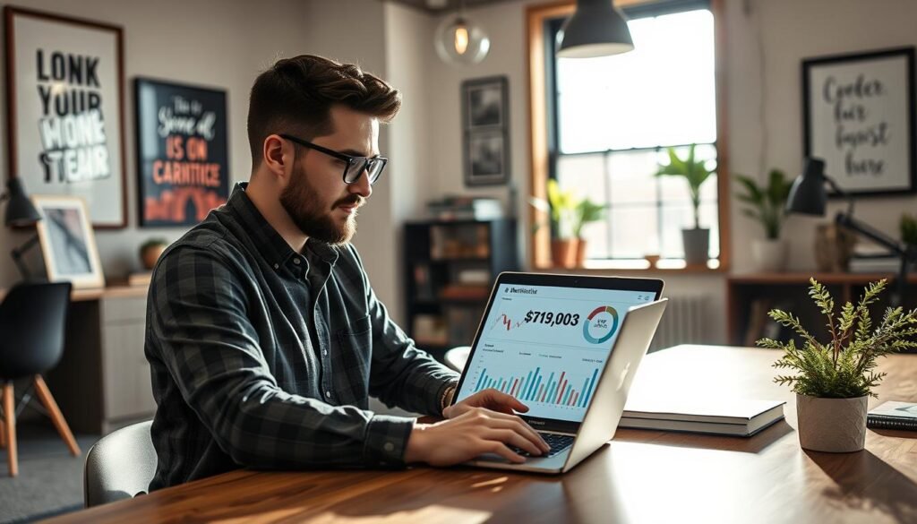 Image of a Nashville business owner using a laptop with SEO metrics on the screen