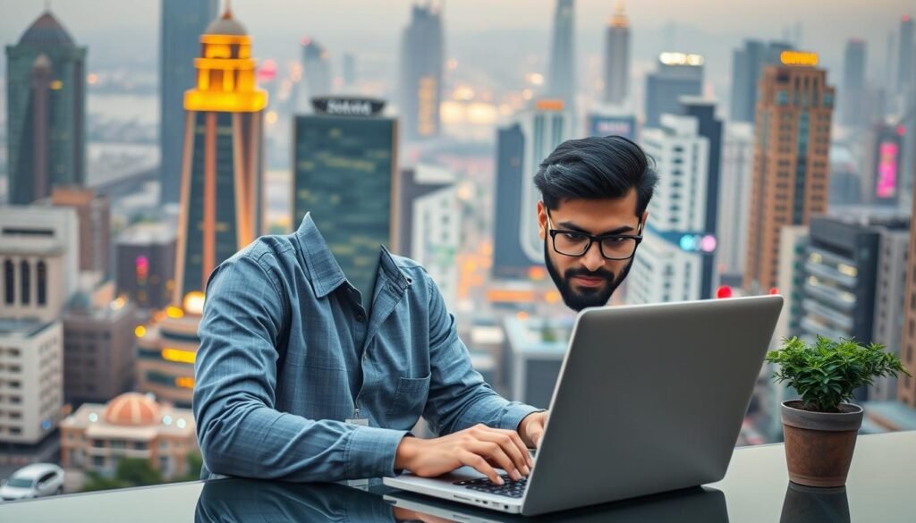 Image of a Pakistani SEO expert working on a laptop with a cityscape in the background