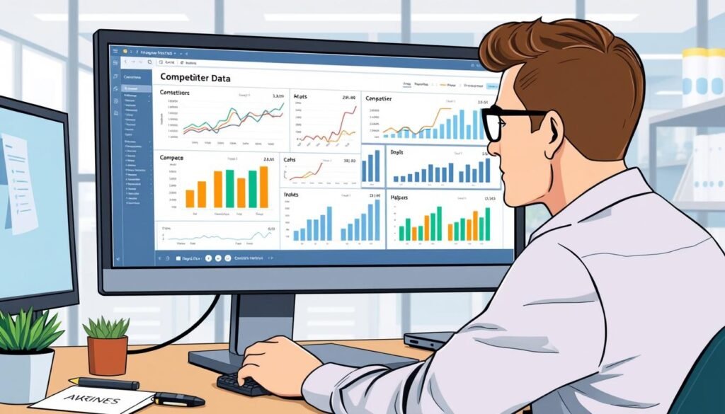 Image of a business owner analyzing competitor data on a computer screen