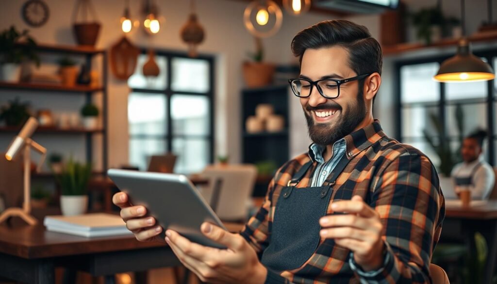 Image of a business owner happily reading positive reviews on a tablet