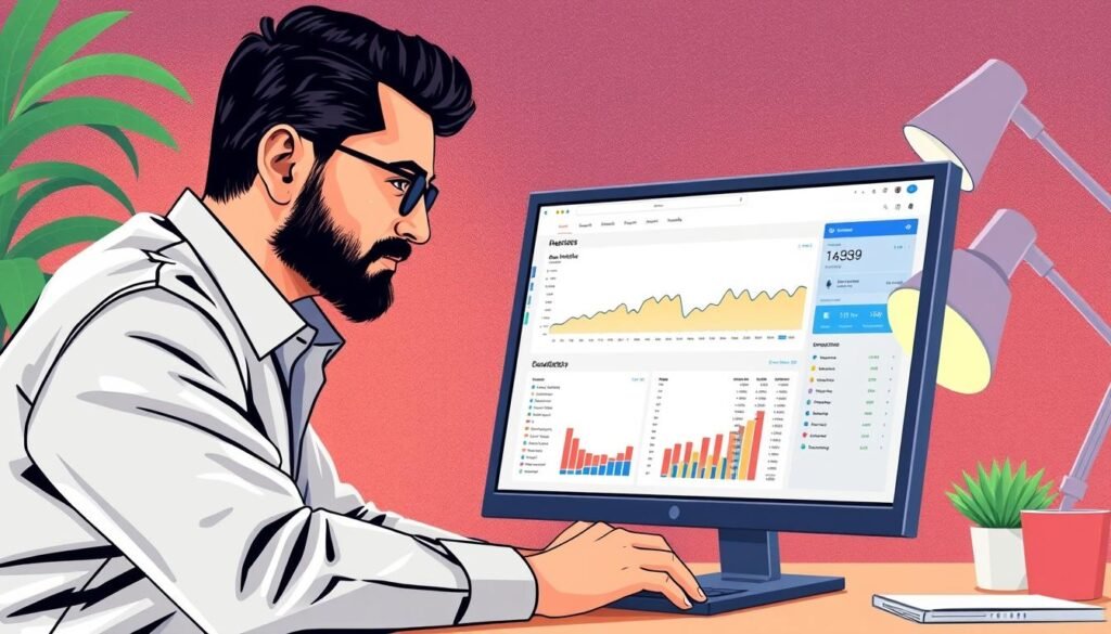 Image of a business owner in Islamabad looking at a computer screen displaying SEO results