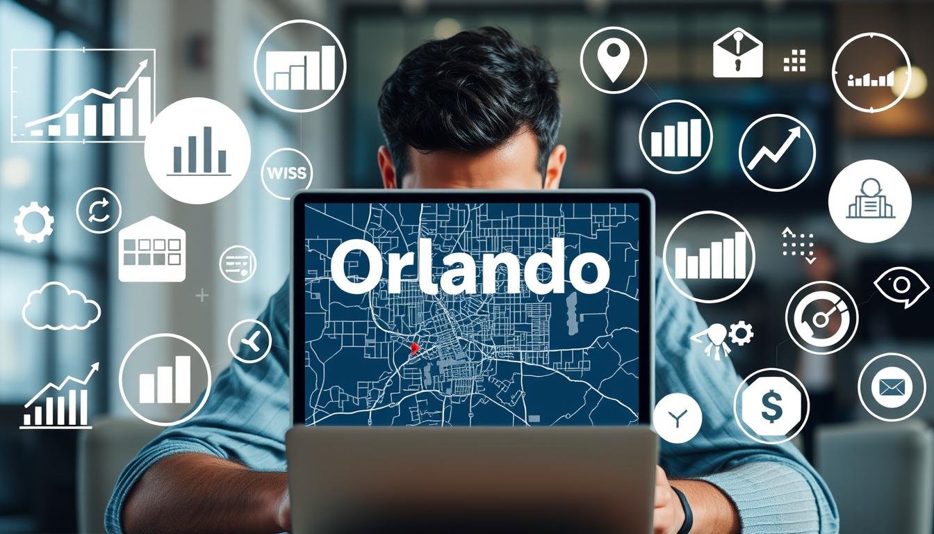 Image of a business owner in Orlando looking at a laptop with a map of Orlando on the screen, surrounded by SEO-related icons.