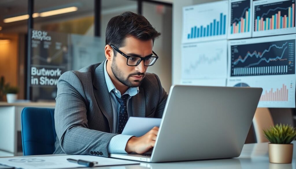 Image of a business professional analyzing SEO reports on a laptop