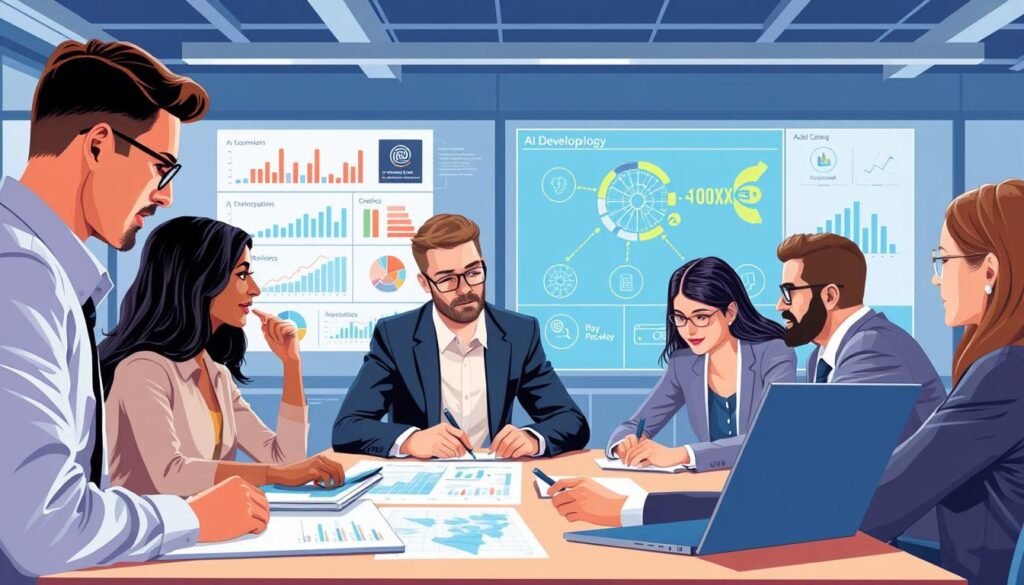 Image of a business team evaluating AI development companies