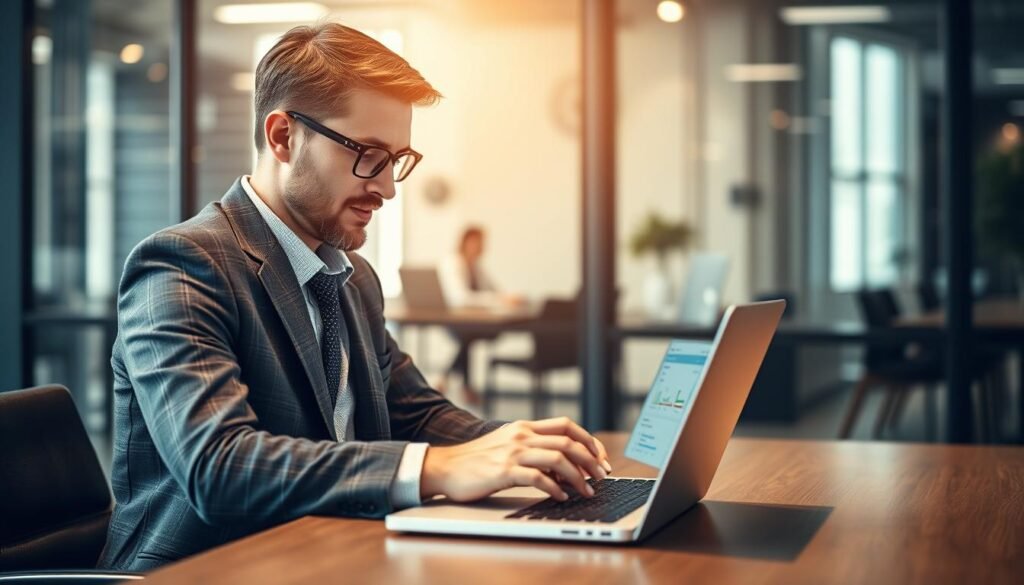 Image of a businessperson evaluating SEO company reviews on a laptop