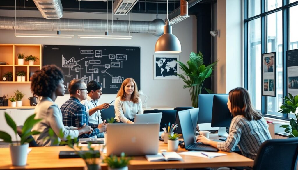 Image of a digital marketing agency workspace with a team discussing reseller SEO services