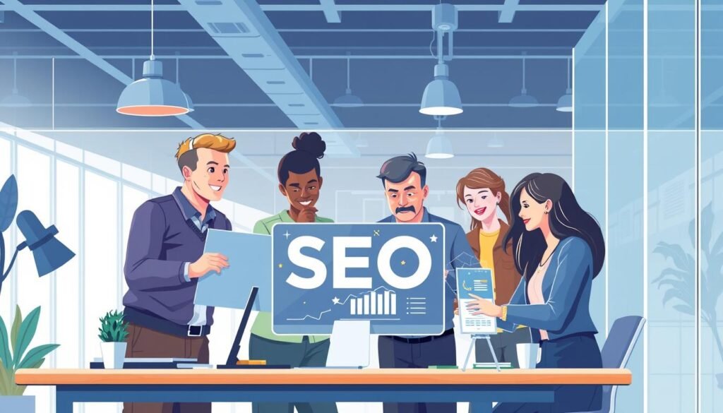 Image of a diverse group of professionals working together on SEO strategies in a modern office setting.