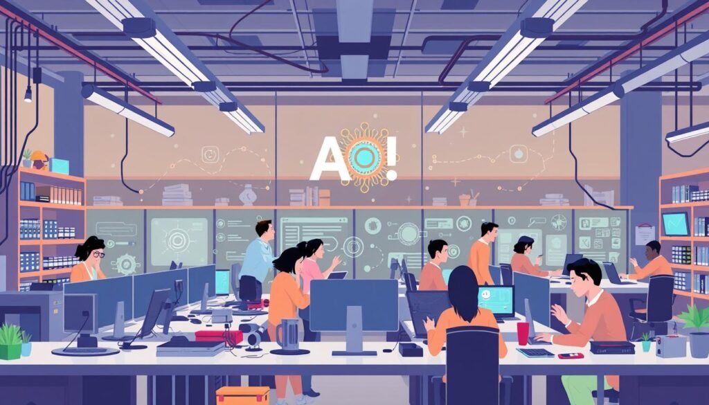 Image of a futuristic AI development lab with diverse teams working on various AI projects