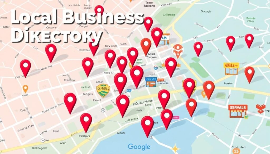 Image of a local business directory or a map with pins representing different business locations