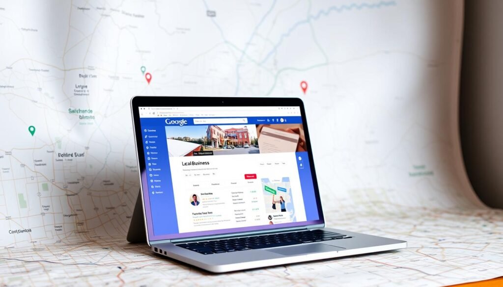 Image of a local business website on a laptop screen with a map in the background