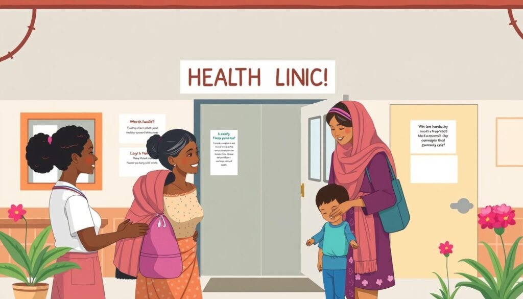 Image of a local health clinic or a community health worker assisting a family