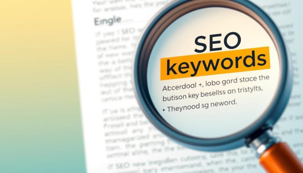 Image of a magnifying glass focusing on a content-rich webpage with SEO keywords highlighted.