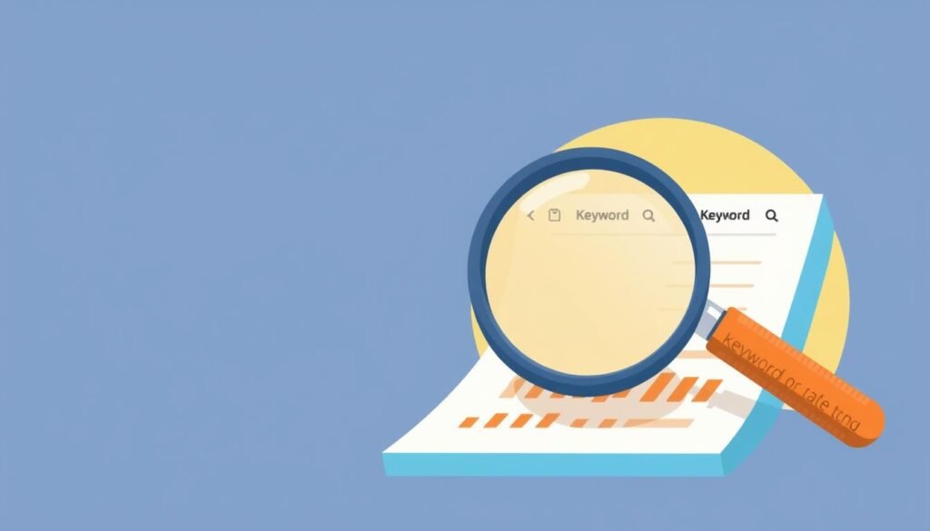 Image of a magnifying glass over a keyword research tool