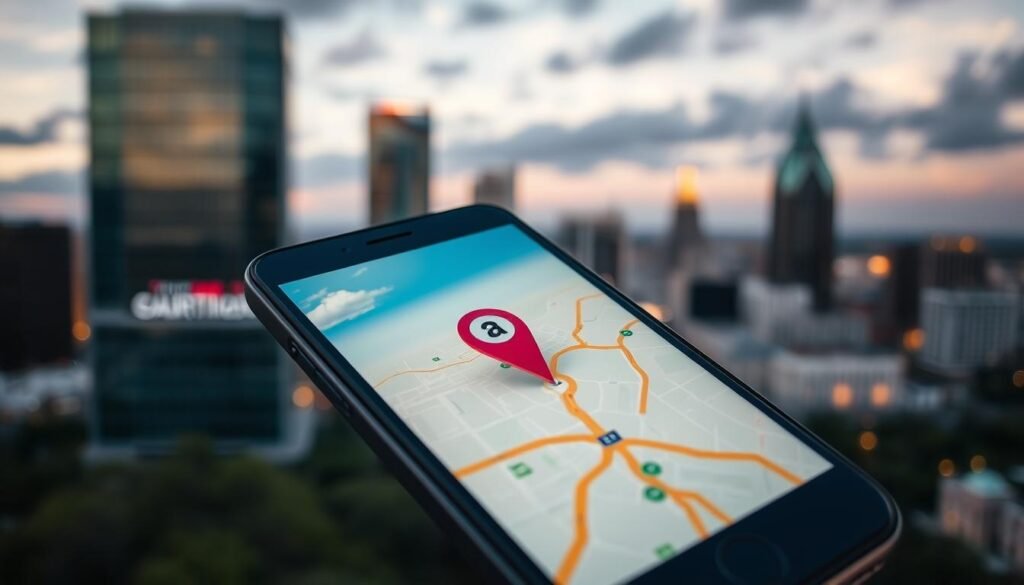 Image of a map pin on a smartphone screen with Austin cityscape in the background