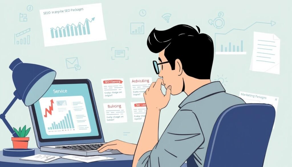 Image of a person analyzing different SEO service packages on a laptop