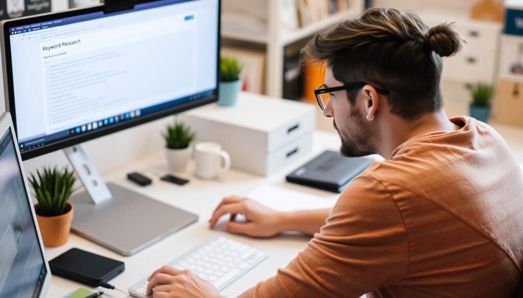 Image of a person using a keyword research tool on a computer