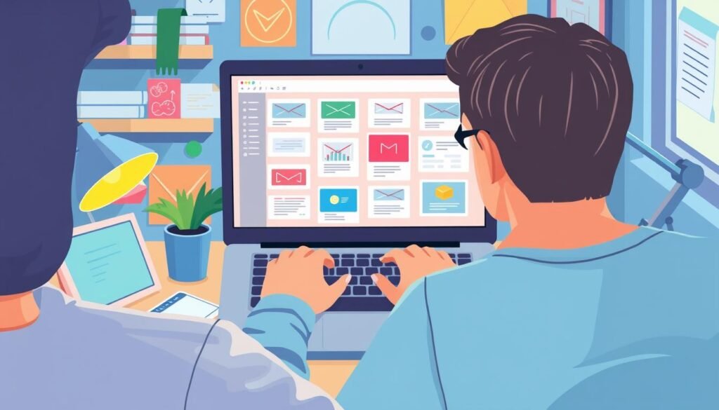 Image of a person working on a laptop with various email marketing tools on the screen