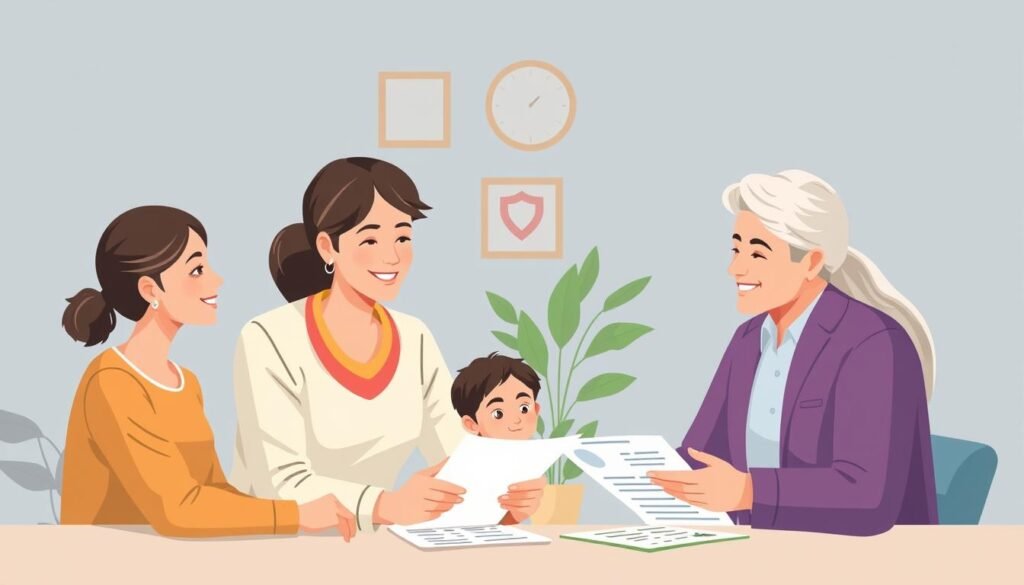Image of a social worker assisting a family with social protection benefits or a person receiving financial assistance